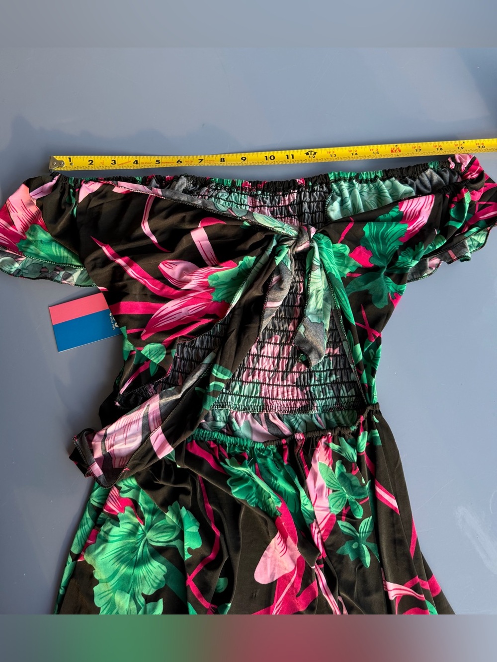 Tropical Floral Off-Shoulder with Front Tie Maxi Dress - Green & Pink - Picture 6 of 13